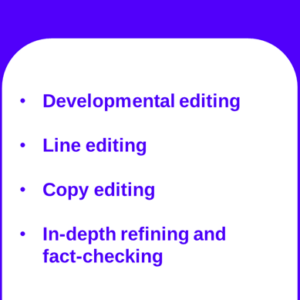 Card stating Textamend's Editing services and listing the following details: Developmental editing, Line editing, Copy editing, and In-depth refining and fact-checking