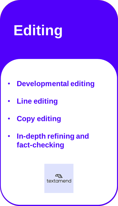 Card stating Textamend's Editing services and listing the following details: Developmental editing, Line editing, Copy editing, and In-depth refining and fact-checking