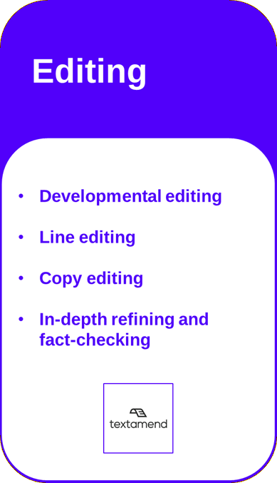 Card representing Editing services and listing the following details: Developmental editing, line editing, copy editing, and in-depth refining and fact-checking