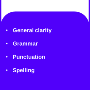 Card stating Textamend's Proofreading services and listing the following details: General clarity, Grammar, Punctuation and Spelling