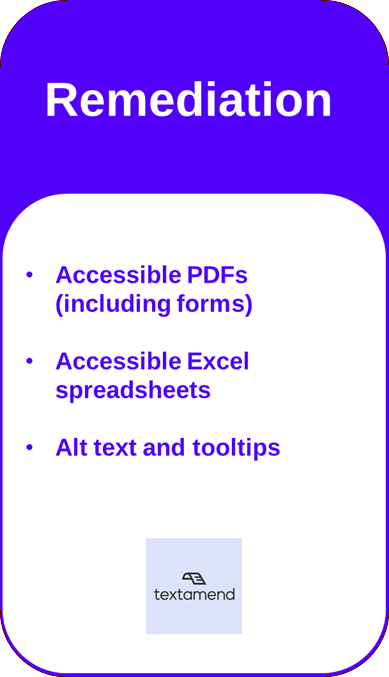 Card stating Textamend's Remediation services and listing the following details: Accessible PDFs (including forms), Accessible Excel spreadsheets, and Alt text and tooltips