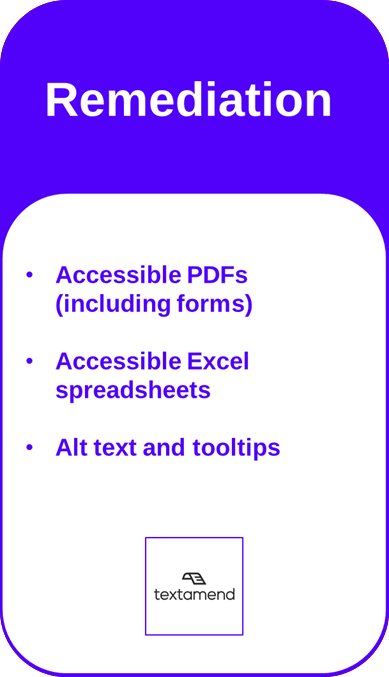 Card stating Textamend's Remediation services and listing the following details: Accessible PDFs (including forms), Accessible Excel spreadsheets, and Alt text and tooltips
