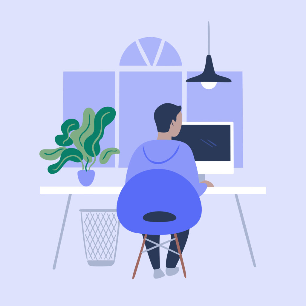 Illustration showing the back of a person working at a desk on a computer, with a window behind the computer and a houseplant on the desk