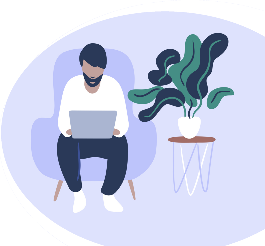 Illustration of a person working on a laptop in an armchair next to a houseplant