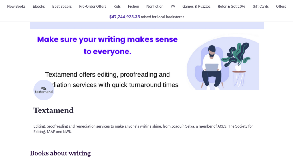 Screenshot of Textamend's Bookshop store front page